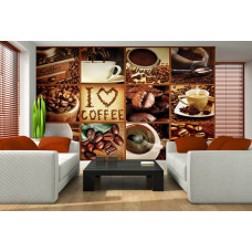 Een fotobehang met koffiebonen en collage voor de woonkamer.