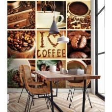 Een fotobehang met witte koffiebonen en een collage voor de eetkamer en keuken.