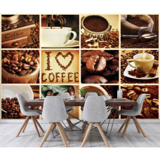 Een fotobehang met een collage van witte koffiebonen voor de eetkamer.