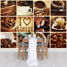 Een fotobehang met een collage van witte koffiebonen voor de keuken.