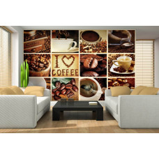 Een fotobehang met een witte collage van koffiebonen in de woonkamer.