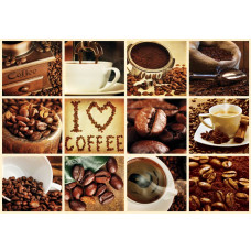 Koffiecollage met wit kader, fotobehang met koffiebonen en een moderne en speelse uitstraling.