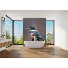 Fotobehang ijsvogel in de regen in een badkamer met een rustgevend natuurbeeld.