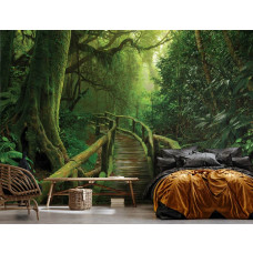 Een fotobehang met een houten brug door een jungle in een regenwoud, perfect voor een slaapkamer.