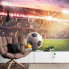 Een fotobehang met een dynamisch beeld van een voetbalstadion in een huiskamer.