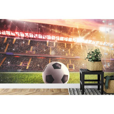 Een fotobehang met een dynamisch beeld van een voetbalstadion in een kinderkamer.