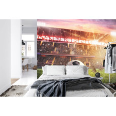 Een fotobehang met een dynamisch beeld van een voetbalstadion in actie.