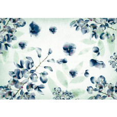Fotobehang met inkt bloemen in paars en blauw, artistieke aquarel bloemen voor een serene sfeer.