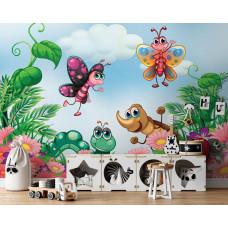 Een fotobehang met insecten voor kinderen in de babykamer en jongenskamer.