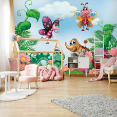 Een fotobehang met insecten voor kinderen in de babykamer en meisjeskamer.