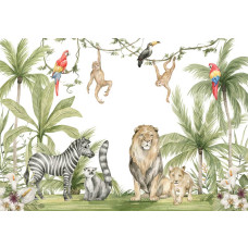 Fotobehang met verschillende dieren zoals een leeuw, zebra, papegaai, toekan en apen in de jungle in de jungle, ontworpen voor kinderkamers.