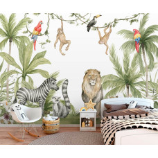 Een levendig jungle-thema behang met dieren, ideaal voor een kinderkamer.