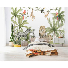 Een fotobehang met jungle dieren in een speelse stijl, geschikt voor een slaapkamer.