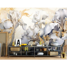Een fotobehang van Iris Germanica White Knight met witte bloemen op vliesbehang in de woonkamer.