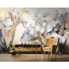 Een fotobehang van Iris Germanica White Knight met witte bloemen in de woonkamer.