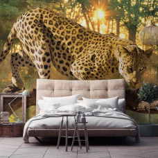 Een fotobehang met een jaguar en panter in een bosomgeving, ideaal voor een slaapkamer.