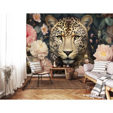 Een fotobehang van een jaguar met bloemen en een luipaard in kunst in de huiskamer.