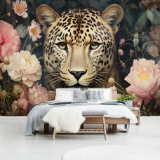 Een fotobehang van een jaguar met bloemen en een luipaard in kunst in de slaapkamer.
