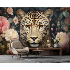 Een fotobehang van een jaguar met bloemen en een luipaard in kunst in de woonkamer.