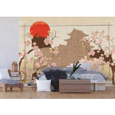 Een fotobehang van Japanse kersenbloesem, ideaal voor het creėren van een serene sfeer in een slaapkamer.
