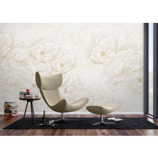 Een fotobehang met Japanse bloemen op een beige achtergrond in een moderne woonkamer, waarbij de fijne lijnen en warme beige tinten zorgen voor een tijdloze en verfijnde uitstraling.