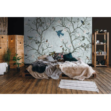 Een fotobehang van Japanse vogels in een bloesembos met kersenbloesem en appelbloesem in de slaapkamer.