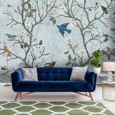 Een fotobehang van Japanse vogels in een bloesembos met kersenbloesem en appelbloesem in de huiskamer.