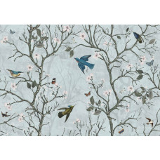 Fotobehang van Japanse vogels in een bloesembos, met kersen- en appelbloesem.