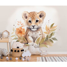 Een fotobehang van een jonge leeuw in een serene babykamer.