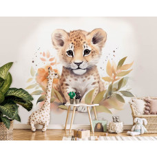 Een fotobehang van een jonge leeuw in een gezellige kinderkamer.