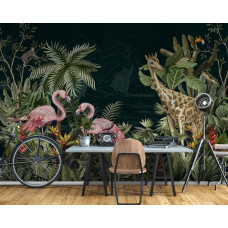 Een fotobehang met exotische dieren en tropische planten in een jungle-thema, perfect voor een kantoor.