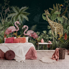 Een fotobehang met exotische dieren en jungle-elementen in een tropisch thema voor de slaapkamer.
