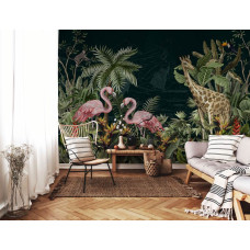 Een tropisch fotobehang met dieren in een weelderige jungle voor de woonkamer.