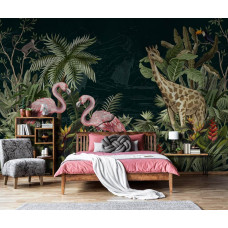 Een fotobehang met tropische dieren in een kleurrijke jungle-omgeving voor de slaapkamer.