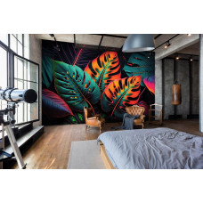 Een fotobehang met een tropisch jungle-thema met neonkleuren, geschikt voor een gamekamer.
