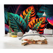 Een fotobehang met junglebladeren in neon, speciaal voor een kinderkamer.