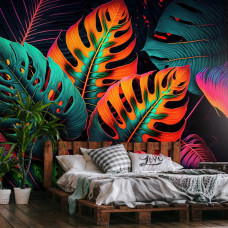 Een fotobehang met een jungle-thema in neon voor een unieke slaapkamer.