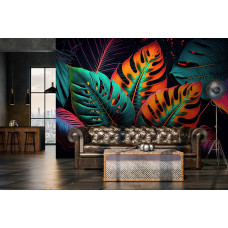 Een fotobehang met junglebladeren in neonkleuren en een tropisch thema, perfect voor een woonkamer.