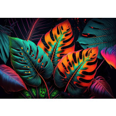 Fotobehang met neon gekleurde jungle bladeren, inclusief monstera en tropische planten. De botanische patronen in levendige tinten geven een futuristisch en tropisch effect.
