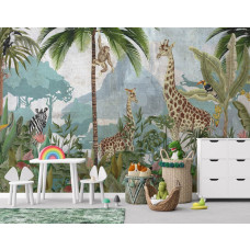 Een fotobehang met een tropisch jungle landschap met vrolijke dieren in een babykamer.