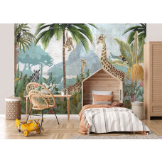 Een fotobehang met een kleurrijk jungle dierenparadijs vol exotische planten in een kinderkamer.