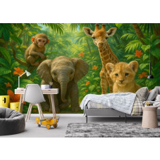 Fotobehang Jungle Dieren Vrienden in een jongenskamer met kleurrijke jungle dieren en natuurlijke details.