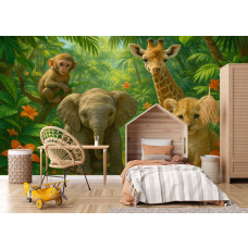 Fotobehang Jungle Dieren Vrienden in een meisjeskamer met speelse dieren en tropische bloemen.