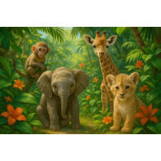 Fotobehang Jungle Dieren Vrienden met babyolifant, giraf, aap en leeuwenwelp omringd door groene bladeren en oranje bloemen.