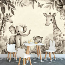 Fotobehang in een babykamer met een speels junglethema in rustige taupe- en beigetinten met schattige dieren en zachte vormen.