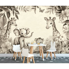 Fotobehang in een kinderkamer met jungle dieren zoals een olifant, giraffen en een welpje in een rustgevend ontwerp met taupe kleuren.