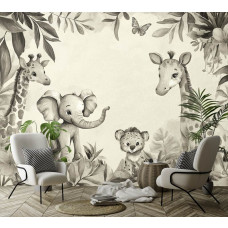 Fotobehang in een meisjeskamer met lieve jungle dieren zoals een olifant en giraffen, in een warm en stijlvol kleurenpalet van zand en taupe.
