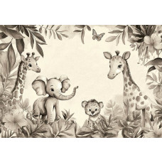 Fotobehang met een olifant, giraffen en een welpje tussen tropische bladeren en bloemen in zachte taupe- en zandtinten.