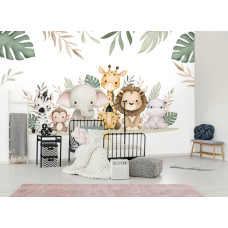 Een fotobehang van jungle dieren in een wonderlandthema in een babykamer en kinderkamer.