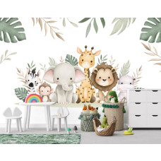 Een fotobehang van jungle dieren met een sprookjesachtige uitstraling in een babykamer.